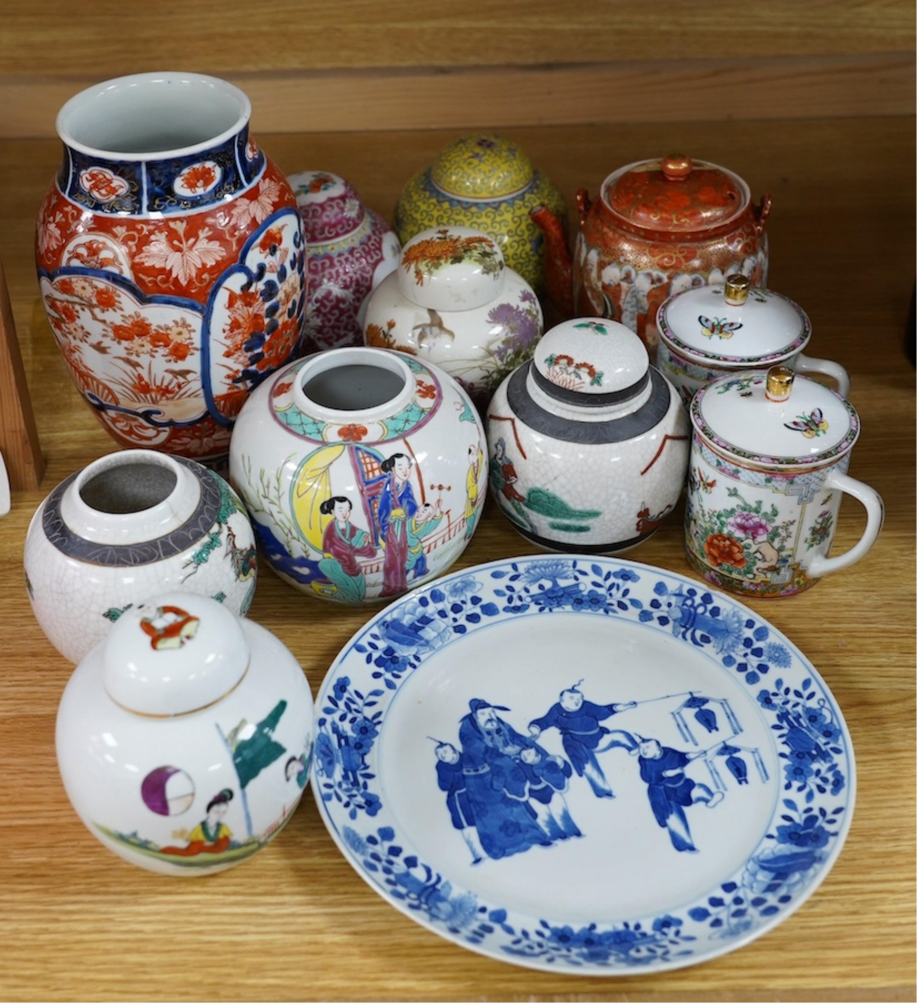 A quantity of Chinese and Japanese ceramics including Kutani, Imari, famille rose etc. tallest 22cm. Condition - fair to good